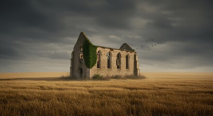 Ancient stone church ruins stand isolated in a golden wheat field under a dramatic stormy sky