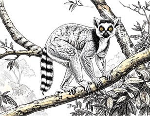 Obraz premium Detailed illustration of a lemur in a tree