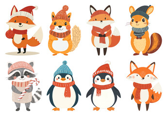 PNG Cute winter animal illustrations, element set on transparent background