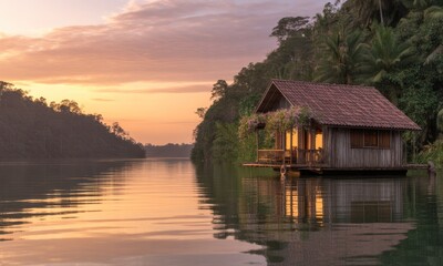 Fototapeta premium Rustic cabin on a serene lake at sunrise