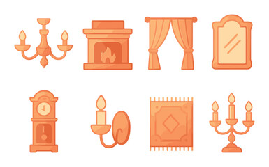 Home decor linear icon set. featuring chandelier, fireplace, curtains, mirror, clock, sconce, rug, candelabra.