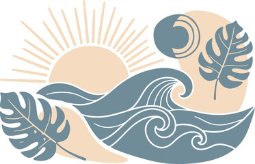 Tropical paradise sun wave monstera leaf illustration minimalist aesthetic design