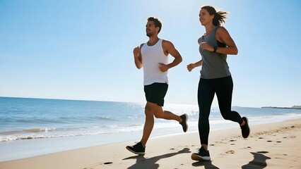 A man and a woman jogging along a sunny beach