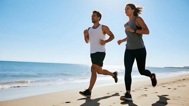 A man and a woman jogging along a sunny beach