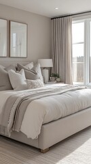 A cozy bedroom with a large window, light colors, and textiles—interior design magazines, furniture advertisements, hotel design.
