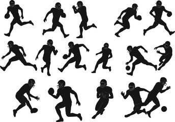 American football silhouettes, player running with ball, athlete action poses, sport training illustration, team game, competition vector, black silhouette design