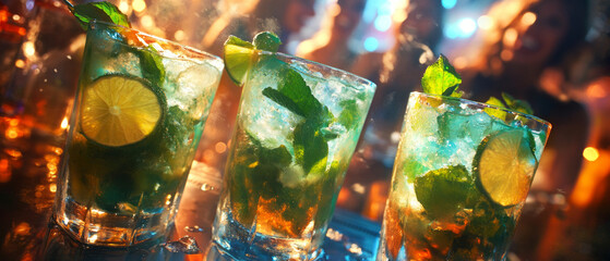 Three cocktails with lime and mint in tall glasses at a lively party are perfect for advertising drinks and bar menus.