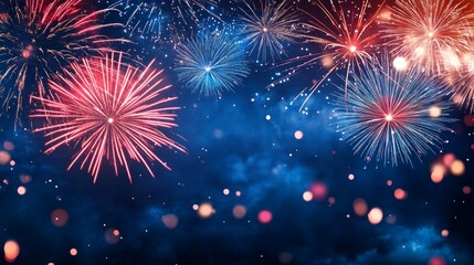 Fototapeta premium Bright fireworks in the night sky with blurred lights create a festive atmosphere, suitable for decorating holiday events and greeting cards.