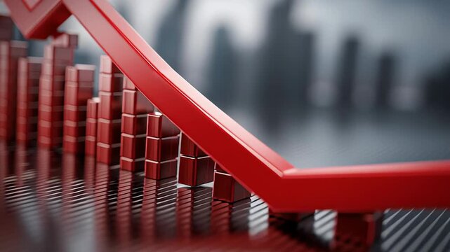Financial downturn visualized through descending bar graph, red falling arrow representing economic instability against blurred cityscape, depicting market turbulence and investment risks