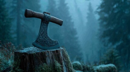 Ancient Viking Battle Axe Embedded in an Old Forest Stump