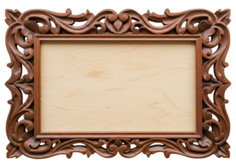 Blank Malay traditional style wooden carving frame with curved design border, ply wood in the center, PNG isolated