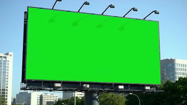 Urban Roadside Billboard with Green Screen for Digital Advertising Mockups and Custom Messages, Set Against a City Backdrop