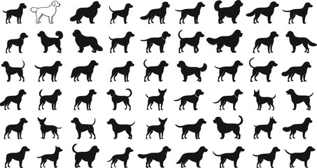 Vector illustration of diverse dog silhouettes in multiple breeds and poses, including one outline, perfect for pet and animal designs.