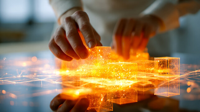 Innovative holographic display technology showcasing glowing transparent cubes and complex digital interfaces - Powered by Adobe