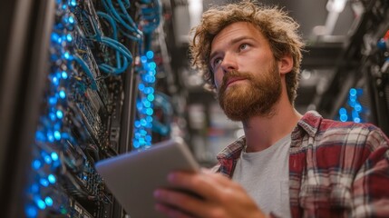 Network Engineer Examining Server Connections in Data Cabinet