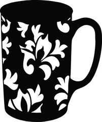 Coffee Mug silhouette, mug with floral motif, high-contrast black  vector for packaging, gift labels and branding, scalable artwork for print