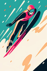 ski jumper flying forward in aerodynamic pose, dramatic winter sports action