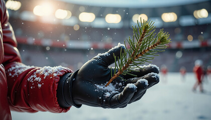 Person holding snowy pine branch in hand during winter at stadium  