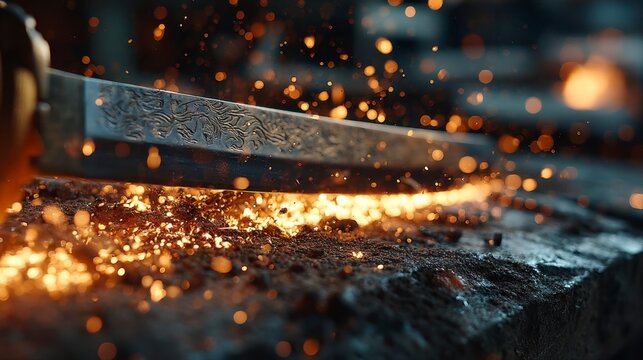 Forging of a Beautiful Katana Blade with Sparks Flying Around