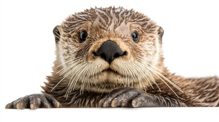 Adorable otter portrait showcasing cute expression with furry face, playful paws, and captivating eyes in a natural wildlife environment