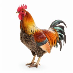 Fototapeta premium Vibrant rooster standing proudly in farmyard, showcasing colorful feathers and majestic plumage in natural outdoor habitat of poultry livestock
