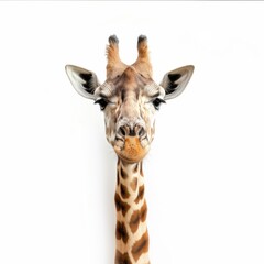 Obraz premium Stunning giraffe portrait showcasing majestic wildlife with tall neck, unique spots, and gentle expression against a serene white background