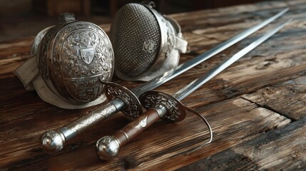 Vintage Fencing Gear with Foils and Protective Masks on Wood Table