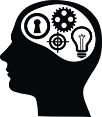 Brain silhouette with lock, gears and light bulb symbols representing secure idea, innovation, technical creativity, problem solving, knowledge, intelligence