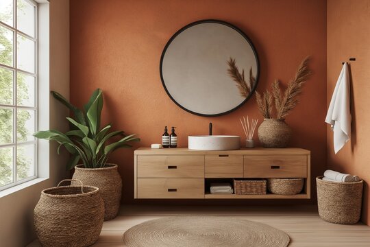 Scandinavian-style bathroom with a warm terracotta accent wall, wooden vanity, large round mirror, and woven baskets.