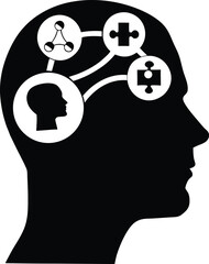 Brain silhouette with icons of people and connections symbolizing communication, teamwork, networking, intelligence, psychology, human brain, social learning