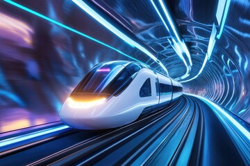 Fototapeta premium Futuristic high-speed train in neon-lit tunnel capturing modern transportation