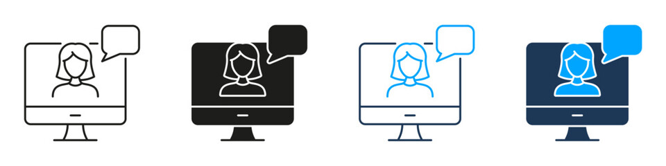 Computer Screen With Female Avatar Chat Line and Solid Icon Set. Digital Communication Online Meeting Symbol Collection. Isolated Vector Illustration