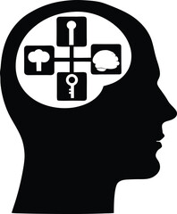 Brain silhouette with four-section icons symbolizing choice, key, lock, communication, problem solving, decision making, intelligence, creativity, planning