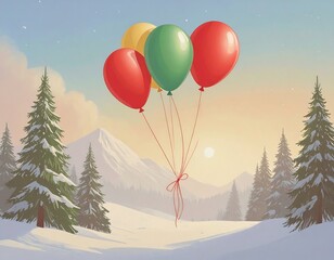 Colorful balloons floating over a snowy mountain landscape at sunrise