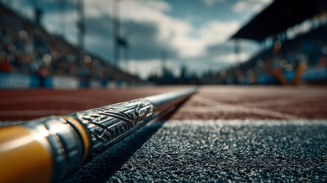 Olympic Javelin Positioned Diagonally on Track with Crowd Background