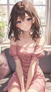 Anime Girl with Brown Hair in a Pink Dress