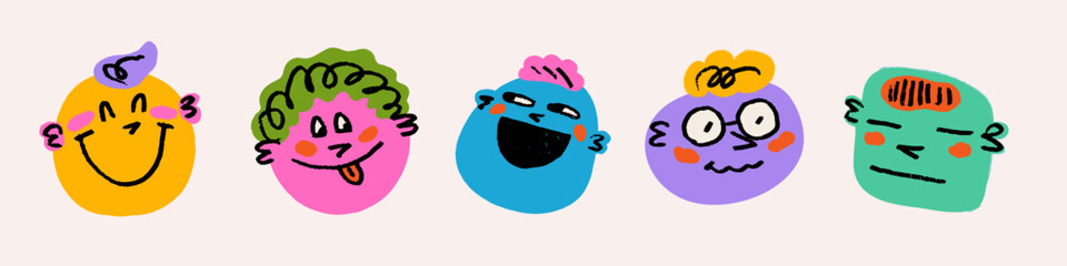 Crayon emoji icon set with colorful face and smile in playful cartoon style. Emoji face doodle in crayon texture with happy expressions. Great for stickers, apps, posters, children projects