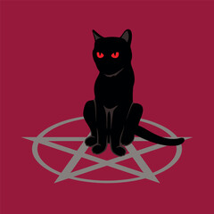 Black evil cat sitting on a pentagram vector illustration. Devil witch cat and pentagram icon isolated on a red background. Spooky halloween black cat with red eyes drawing