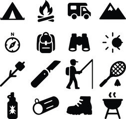 Fototapeta premium Outdoor adventure and travel icons for camping hiking and exploration set