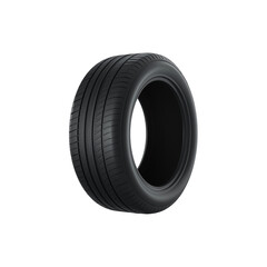Black car tire with tread pattern on transparency background showing durable rubber and slight shadow, confident mood