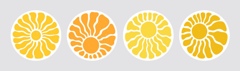 Retro sun or flower sticker set in yellow and orange with groovy abstract wavy rays on a gray background. Sun round shaped stickers. Perfect for summer decals, posters, and prints