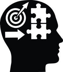 Brain silhouette with target and puzzle symbol representing problem solving, creativity, focus, solution, strategy, innovation, intelligence, achievement concept