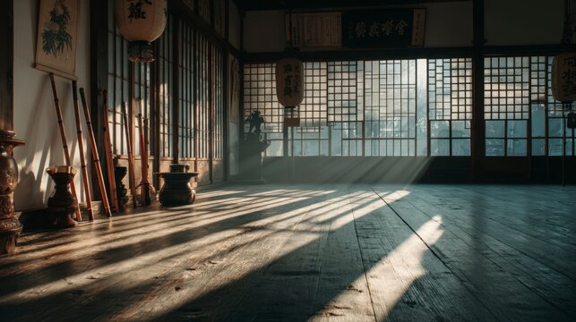 Vertical Bo Staff in a Serene Martial Arts Dojo Setting