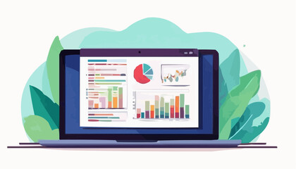 Flat design laptop with charts vector, white background