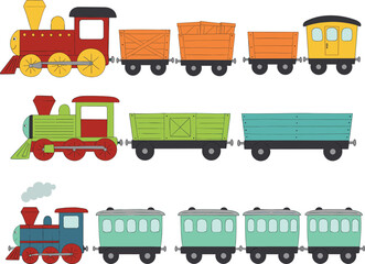 Vintage colorful train vector illustration, including steam locomotives, passenger coaches, cargo wagons, and cartoon-style elements for transport, railway, and children’s design projects. © Momotaj Contributor