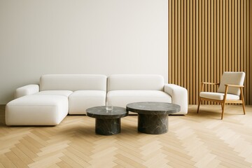 Minimalist modern living room with white sofa, black marble tables, wooden armchair, and chevron floor in stylish neutral interior decor.