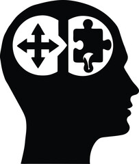 Brain silhouette with puzzle piece symbols symbolizing problem solving, critical thinking, intelligence, creativity, innovation, learning, knowledge, solutions