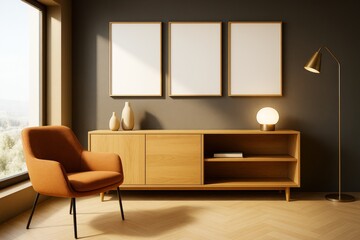 Contemporary living room interior with blank frames on wall, wooden sideboard, warm lighting and modern decor in minimalist elegant setting.