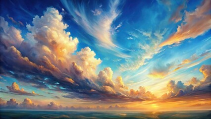 Fototapeta premium A Breathtaking Panorama of Sunset Hues Across a Vast Expanse of Sky, Painted with Clouds of Golden and Azure Tints