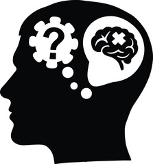 Brain silhouette with question mark symbols representing doubt, confusion, curiosity, brainstorming, problem solving, thinking process, decision making concept